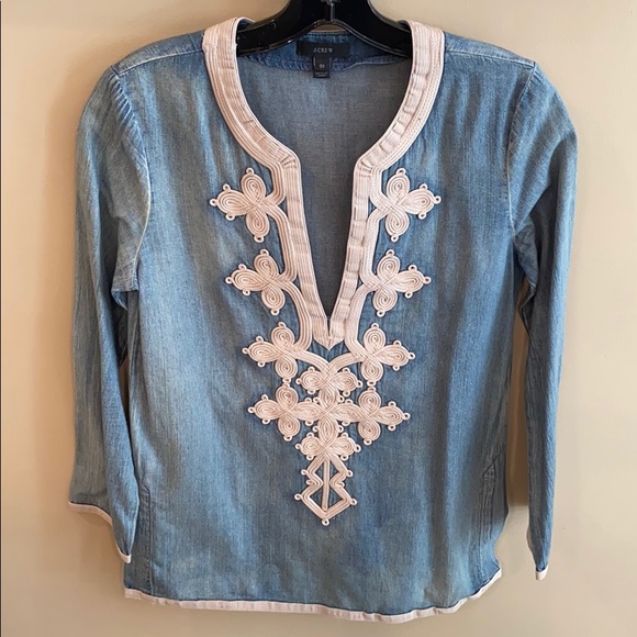 J Crew Denim Caftan Embroidered Tunic Size 00 - Picture 2 of 10